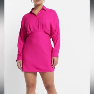 Express Hot Pink Collared Long-Sleeve Mini Dress